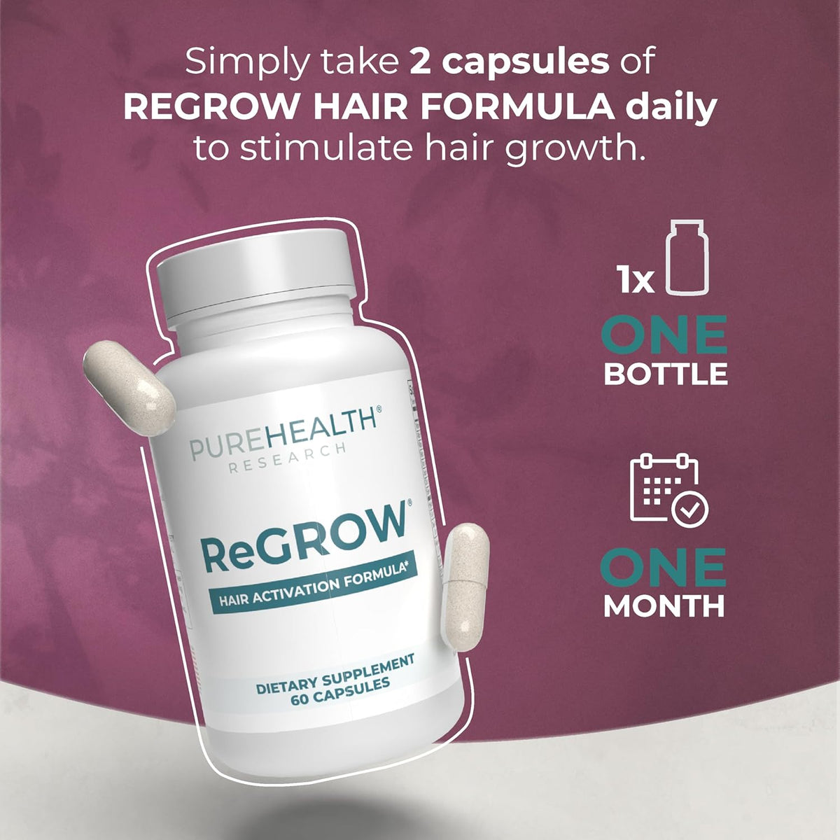 PUREHEALTH RESEARCH ReGrow - Hair Growth Vitamins - with Saw Palmetto, Biotin, Collagen, Zinc, Iron, Iodine, Selenium & More - Hair Supplements for Women & Men - 60 Capsules
